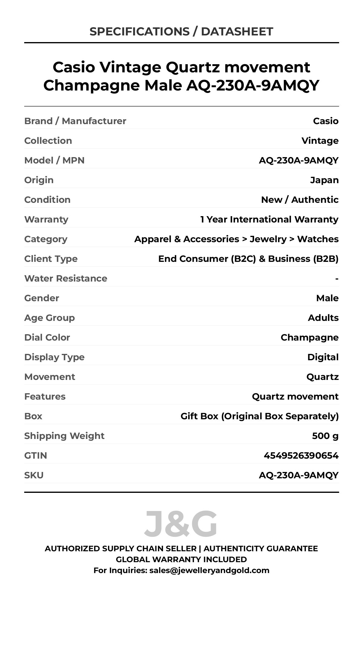Casio Vintage Quartz movement Champagne Male AQ-230A-9AMQY - Specifications