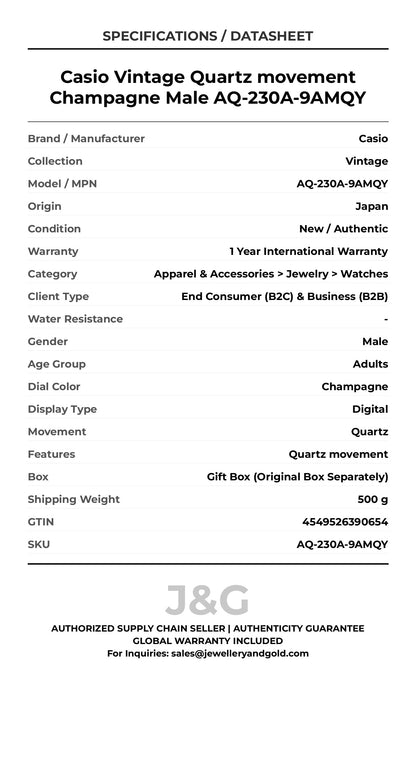 Casio Vintage Quartz movement Champagne Male AQ-230A-9AMQY - Specifications