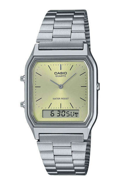 Casio Vintage Quartz movement Champagne Male AQ-230A-9AMQY. A brand-new Casio Vintage watch featuring a Champagne dial. Side view.
