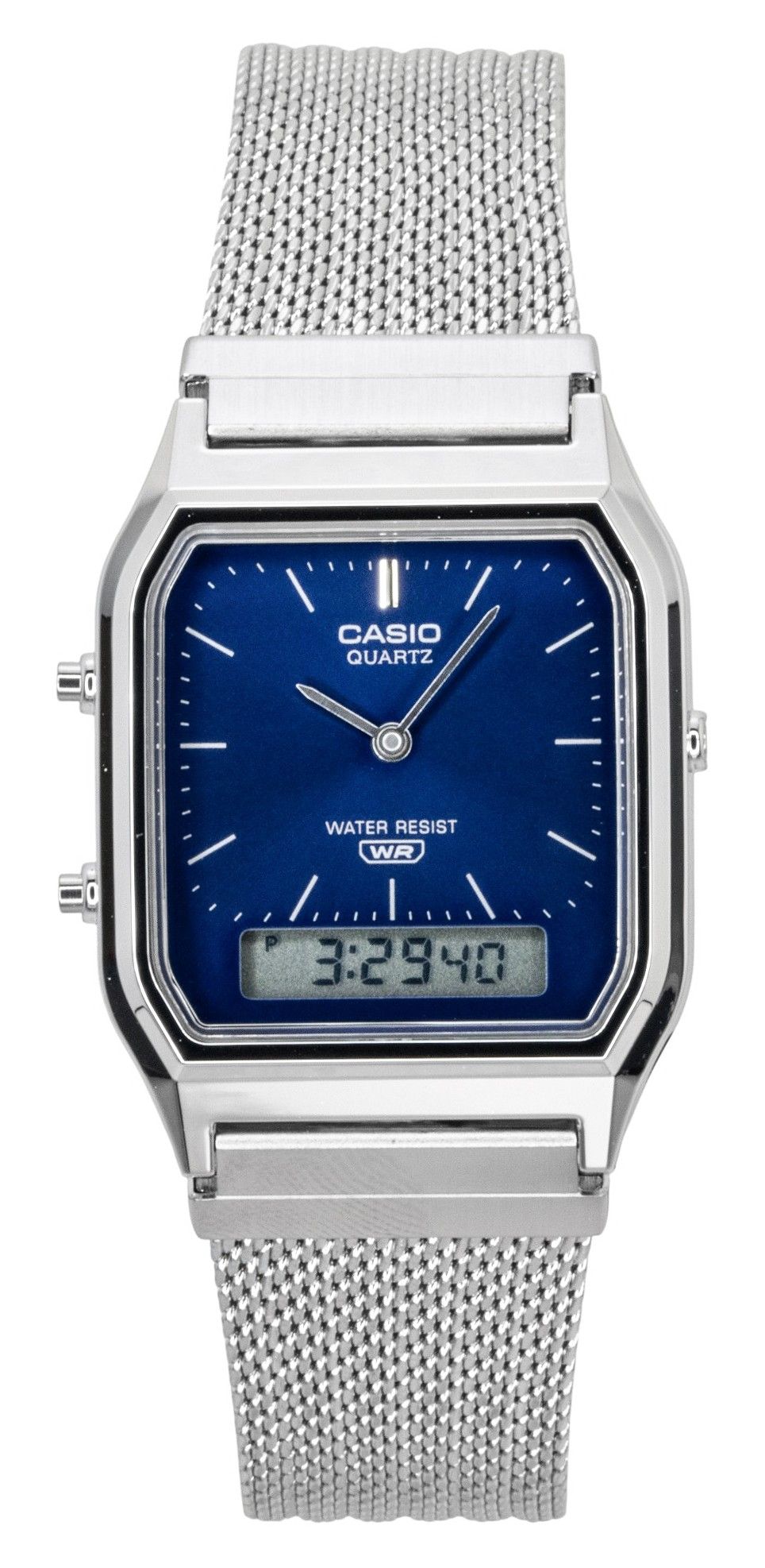 Casio Vintage Analog Digital Stainless Steel Mesh Bracelet. A brand-new Casio Vintage watch featuring a N/A dial and a Stainless steel strap. Side view.