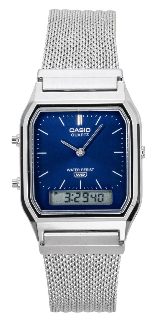Casio Vintage Analog Digital Stainless Steel Mesh Bracelet. A brand-new Casio Vintage watch featuring a Blue dial and a Stainless steel strap. Front view.