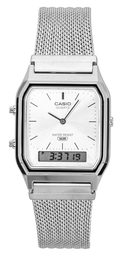 Casio Vintage Quartz movement Silver Stainless steel Male AQ-230EM-7A. A brand-new Casio Vintage watch featuring a Silver dial and a Stainless steel strap. Front view.