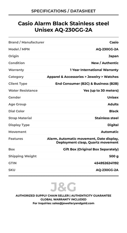 Casio Alarm Black Stainless steel Unisex AQ-230GG-2A - Specifications