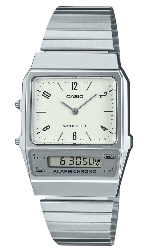 Casio Vintage Quartz movement White Stainless steel Male AQ-800E-7A2. A brand-new Casio Vintage watch featuring a White dial and a Stainless steel strap. Front view.
