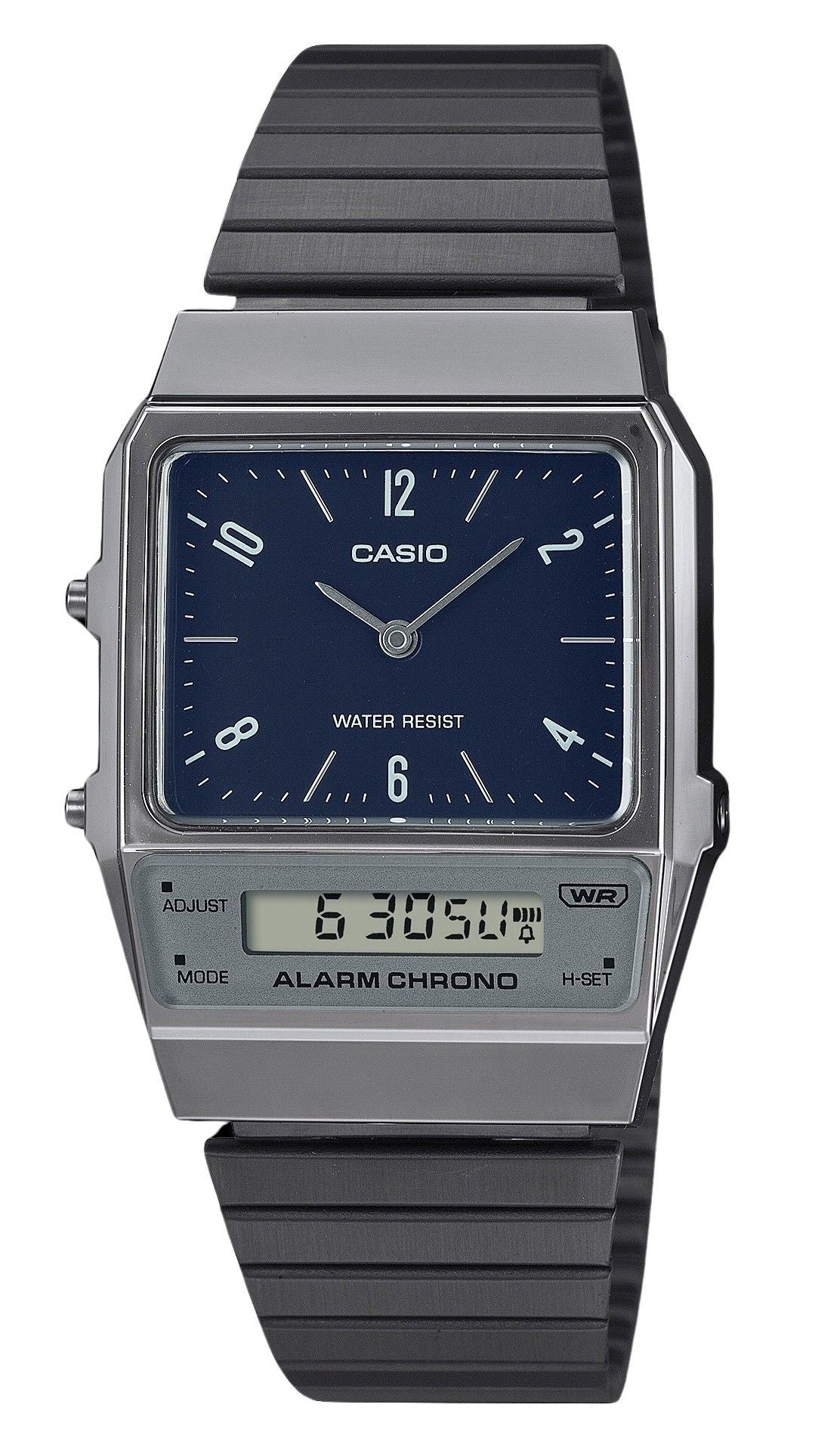 Casio Vintage Quartz movement Blue Stainless steel Male AQ-800EB-2A. A brand-new Casio Vintage watch featuring a Blue dial and a Stainless steel strap. Front view.