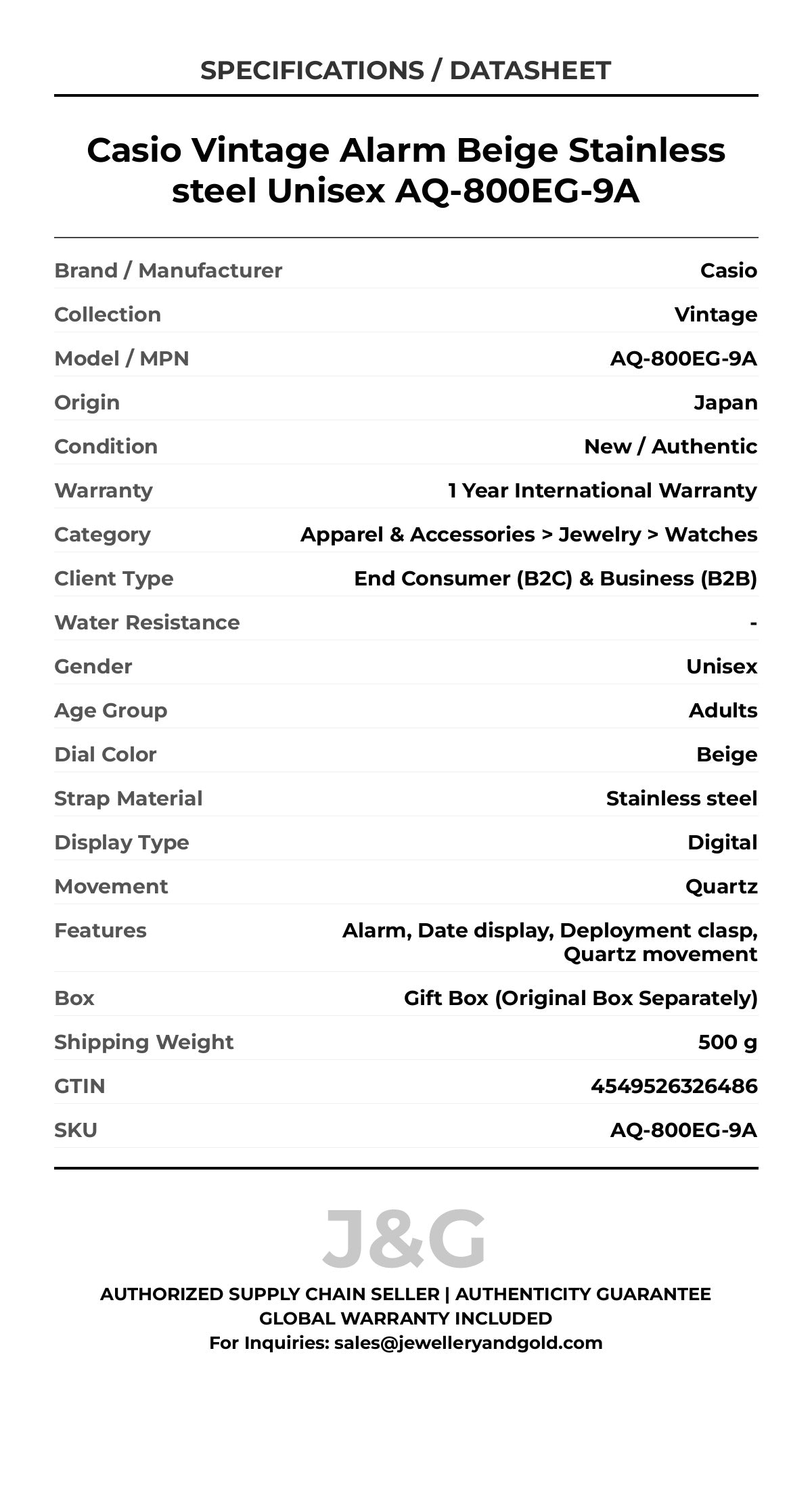 Casio Vintage Alarm Beige Stainless steel Unisex AQ-800EG-9A - Specifications