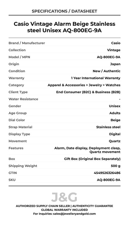 Casio Vintage Alarm Beige Stainless steel Unisex AQ-800EG-9A - Specifications