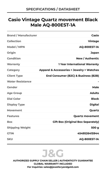Casio Vintage Quartz movement Black Male AQ-800EST-1A - Specifications