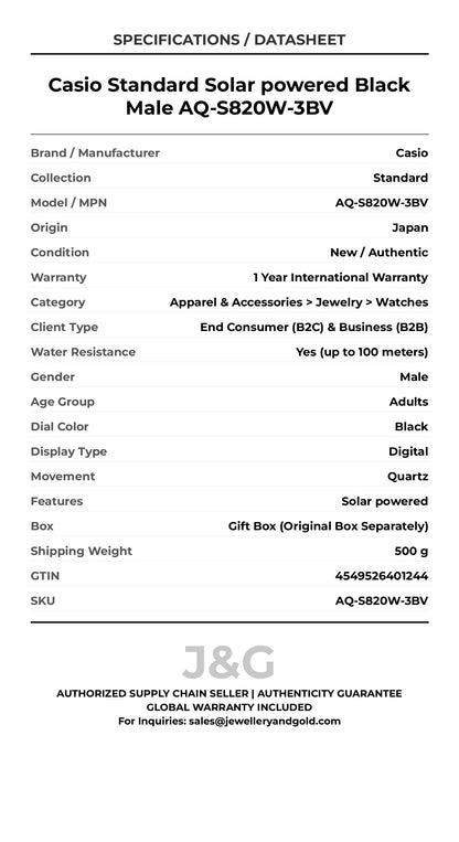 Casio Standard Solar powered Black Male AQ-S820W-3BV - Specifications