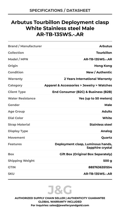 Arbutus Tourbillon Deployment clasp White Stainless steel Male AR-TB-13SWS.-.AR - Specifications