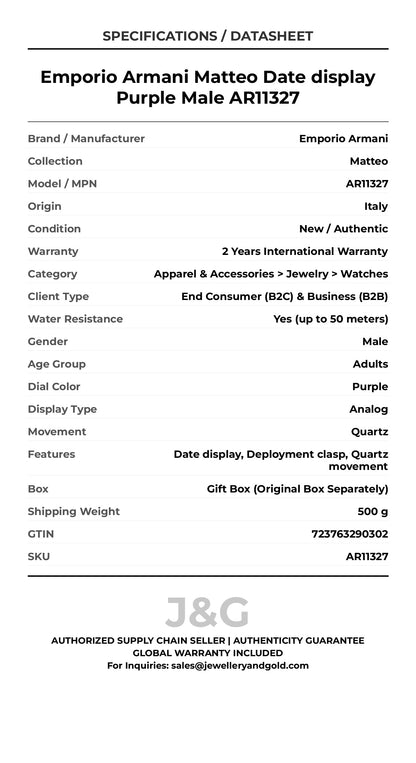 Emporio Armani Matteo Date display Purple Male AR11327 - Specifications