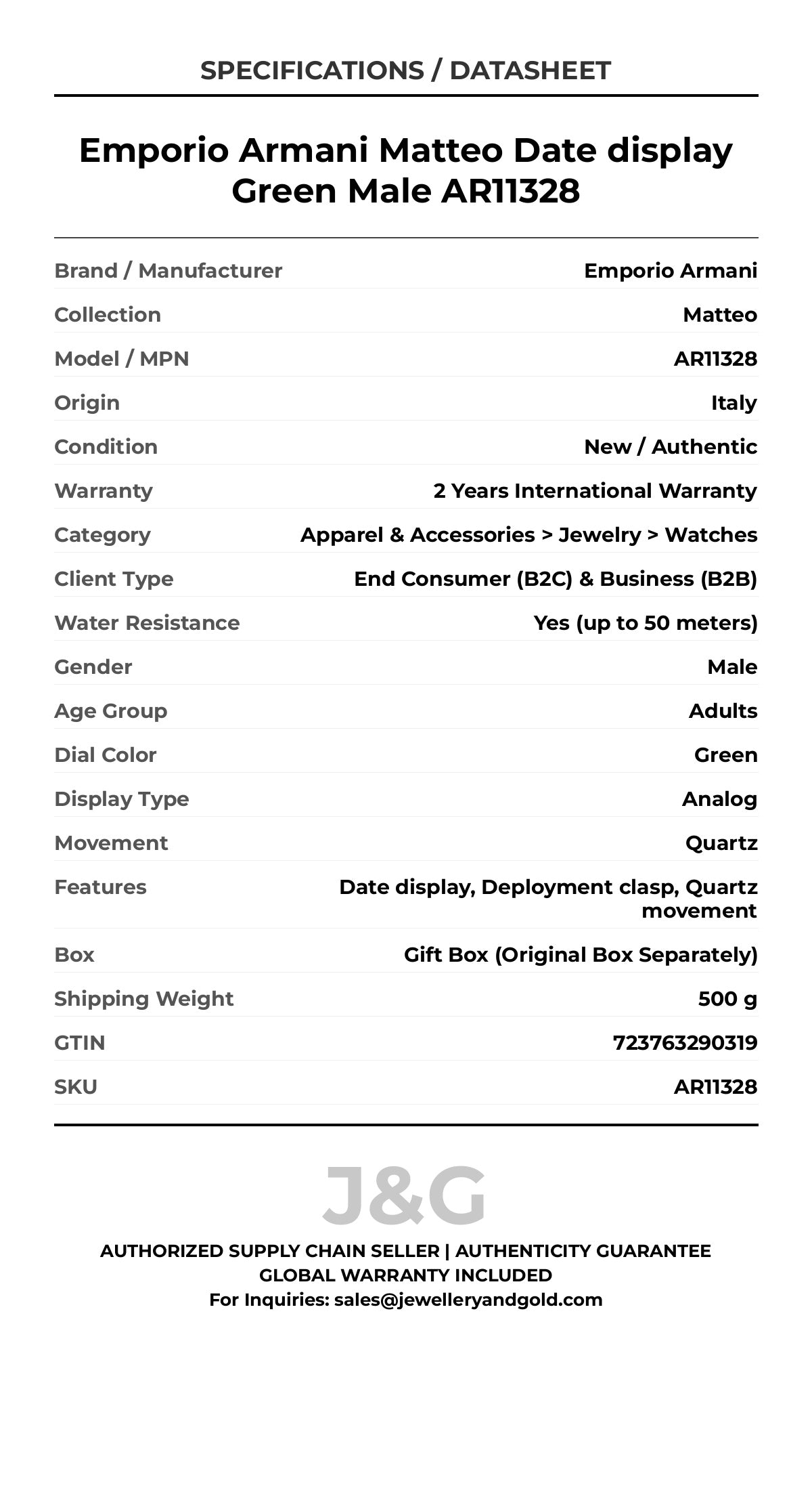 Emporio Armani Matteo Date display Green Male AR11328 - Specifications