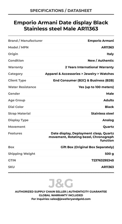 Emporio Armani Date display Black Stainless steel Male AR11363 - Specifications