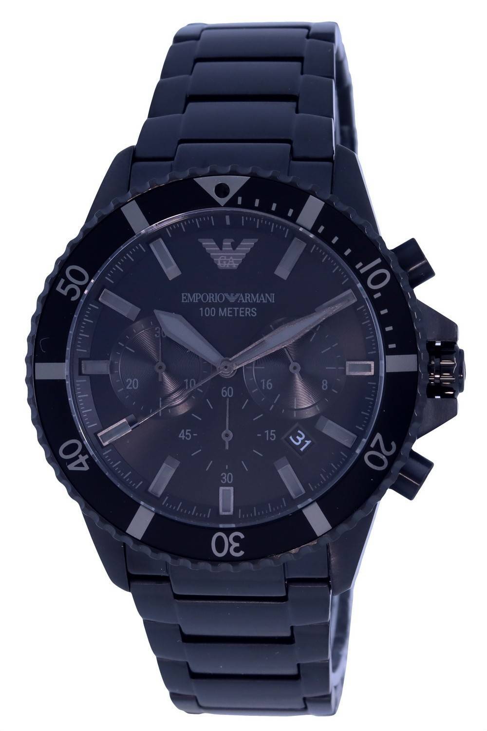 Emporio Armani Date display Black Stainless steel Male AR11363. A brand-new Emporio Armani watch featuring a Black dial and a Stainless steel strap. Angled view.