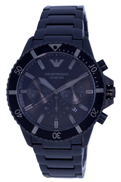 Emporio Armani Date display Black Stainless steel Male AR11363. A brand-new Emporio Armani watch featuring a Black dial and a Stainless steel strap. Angled view.