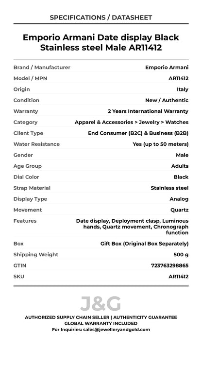 Emporio Armani Date display Black Stainless steel Male AR11412 - Specifications