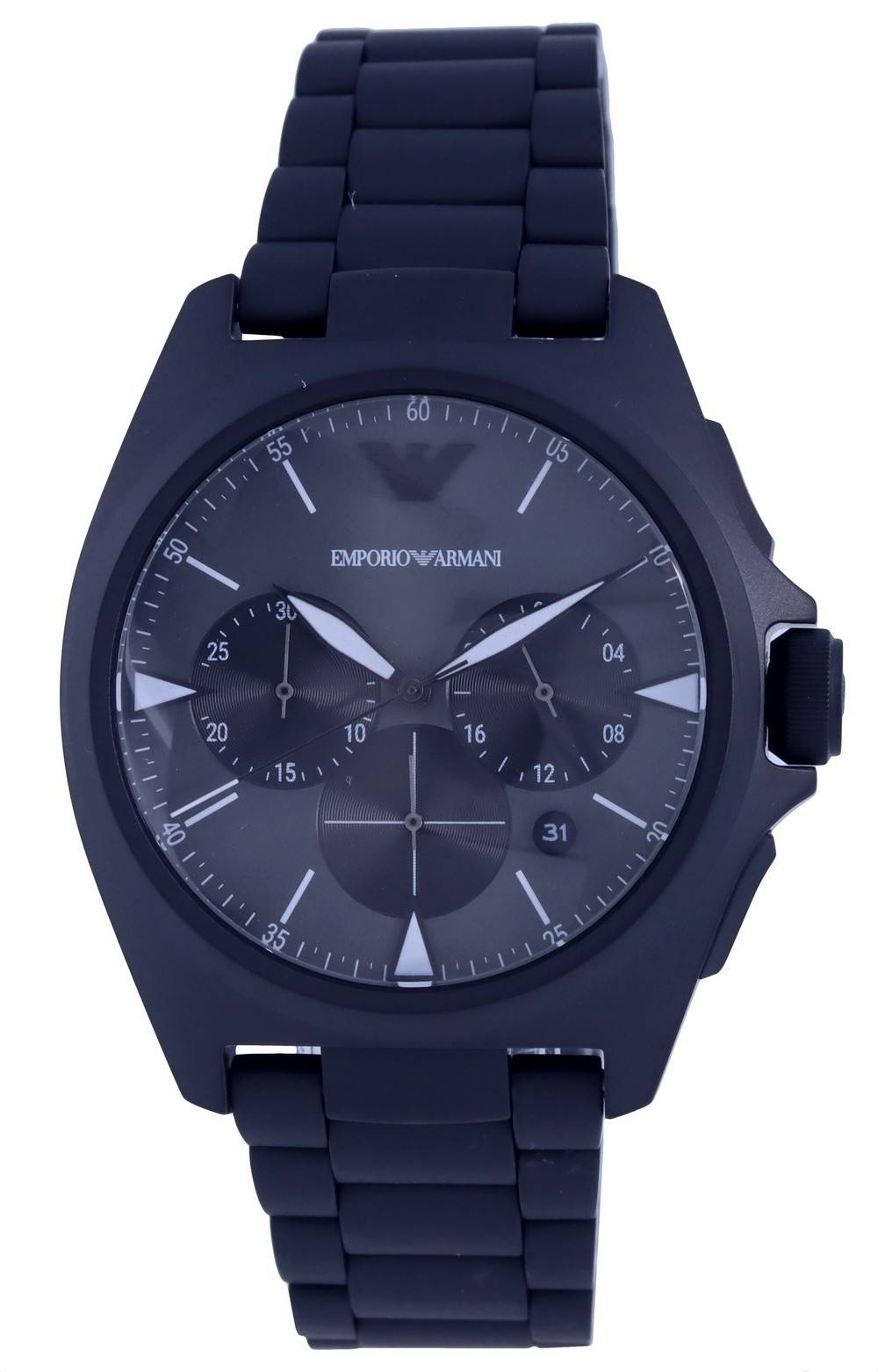 Emporio Armani Date display Black Stainless steel Male AR11412. A brand-new Emporio Armani watch featuring a Black dial and a Stainless steel strap. Side view.