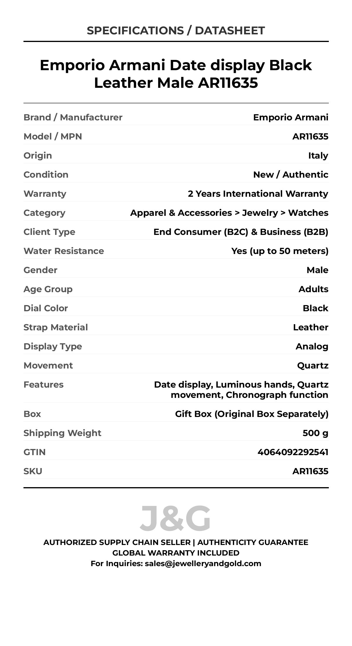 Emporio Armani Date display Black Leather Male AR11635 - Specifications