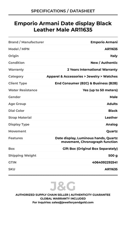 Emporio Armani Date display Black Leather Male AR11635 - Specifications