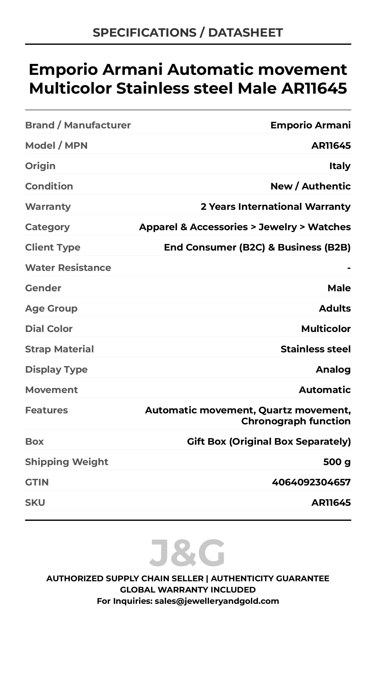 Emporio Armani Automatic movement Multicolor Stainless steel Male AR11645 - Specifications