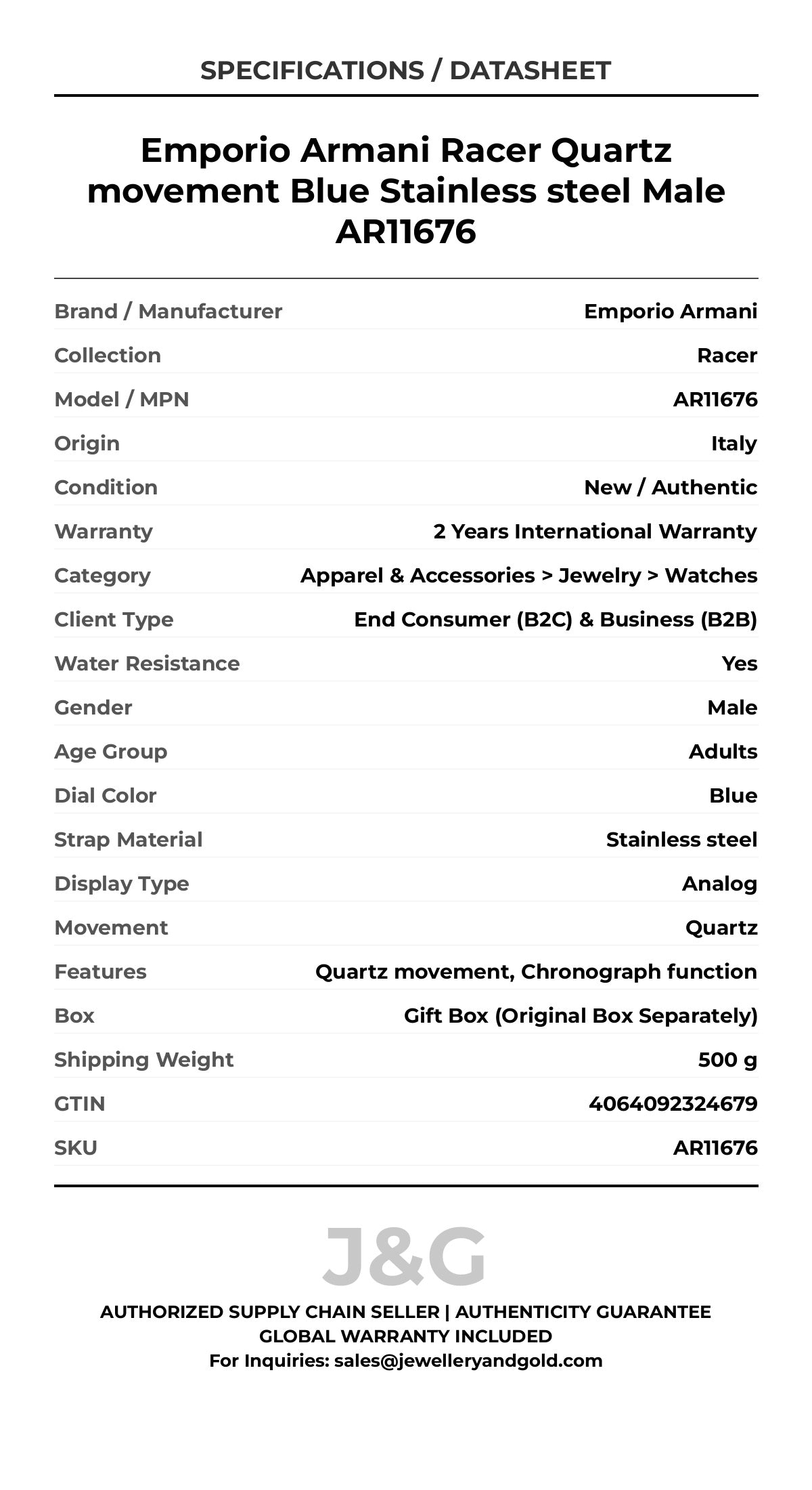 Emporio Armani Racer Quartz movement Blue Stainless steel Male AR11676 - Specifications