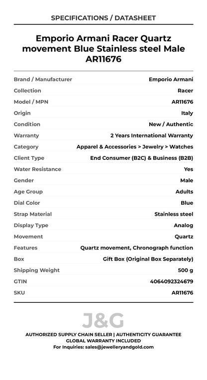 Emporio Armani Racer Quartz movement Blue Stainless steel Male AR11676 - Specifications