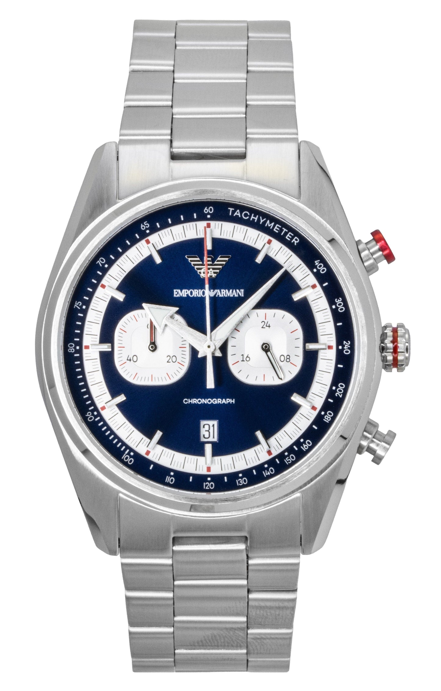 Emporio Armani Racer Quartz movement Blue Stainless steel Male AR11676. A brand-new Emporio Armani Racer watch featuring a Blue dial and a Stainless steel strap. Angled view.