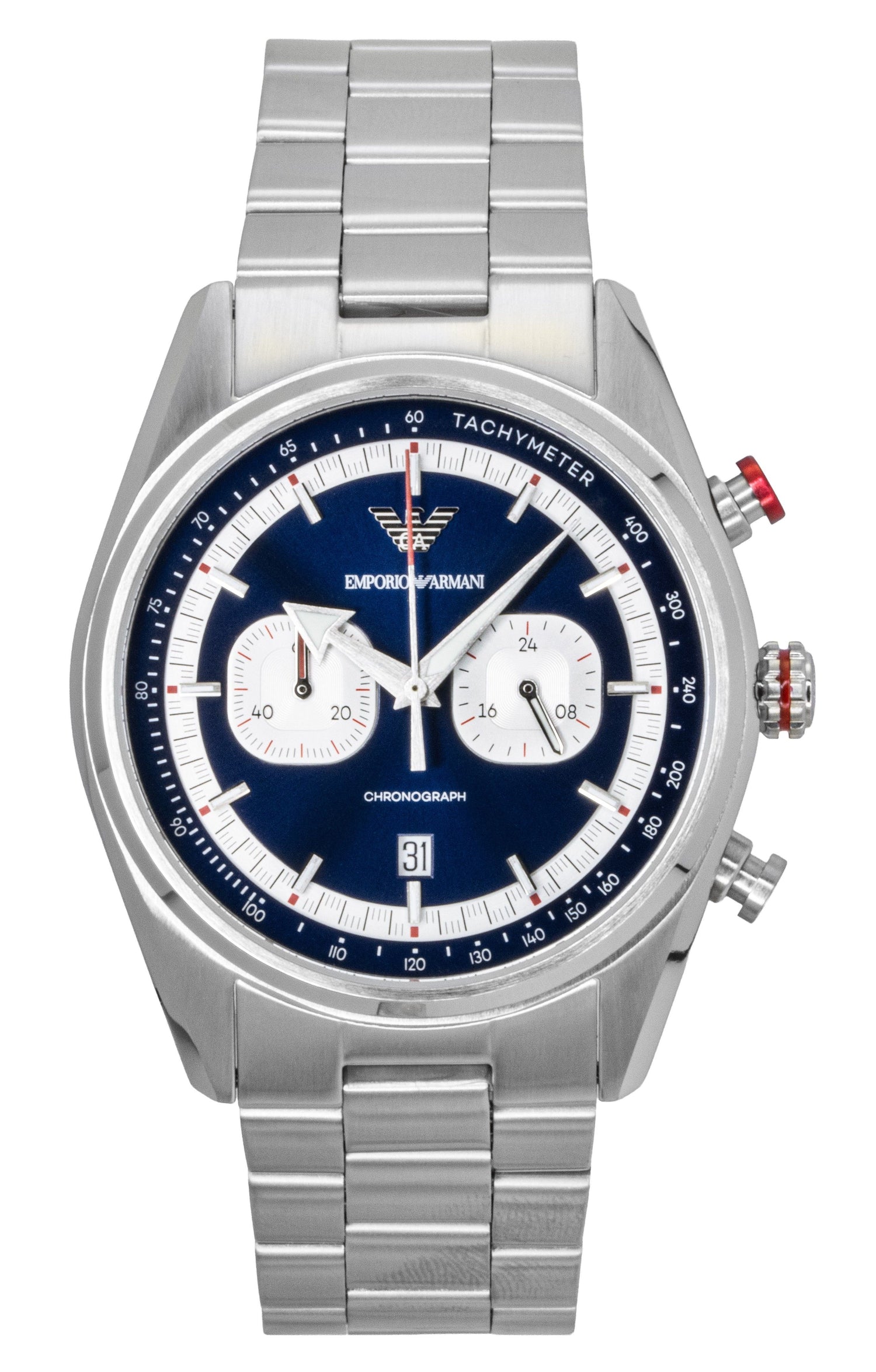 Emporio Armani Racer Quartz movement Blue Stainless steel Male AR11676. A brand-new Emporio Armani Racer watch featuring a Blue dial and a Stainless steel strap. Angled view.