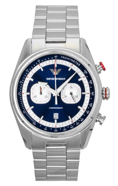 Emporio Armani Racer Quartz movement Blue Stainless steel Male AR11676. A brand-new Emporio Armani Racer watch featuring a Blue dial and a Stainless steel strap. Angled view.