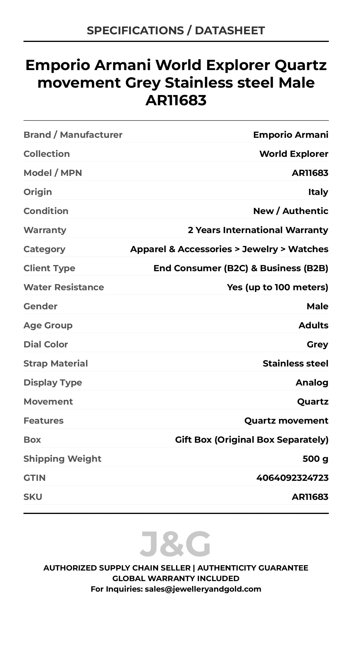 Emporio Armani World Explorer Quartz movement Grey Stainless steel Male AR11683 - Specifications