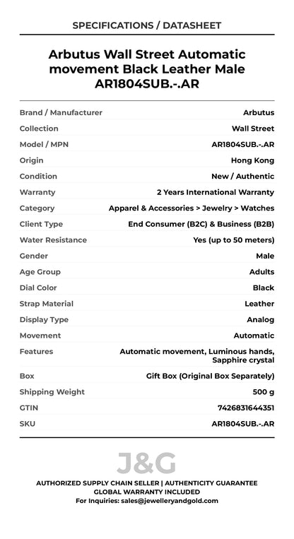 Arbutus Wall Street Automatic movement Black Leather Male AR1804SUB.-.AR - Specifications