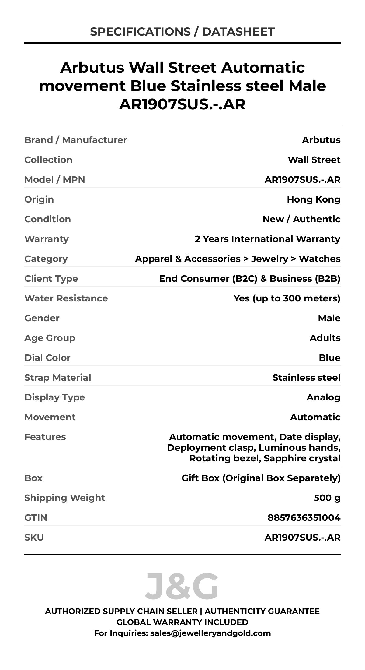 Arbutus Wall Street Automatic movement Blue Stainless steel Male AR1907SUS.-.AR - Specifications