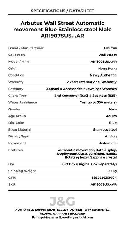 Arbutus Wall Street Automatic movement Blue Stainless steel Male AR1907SUS.-.AR - Specifications
