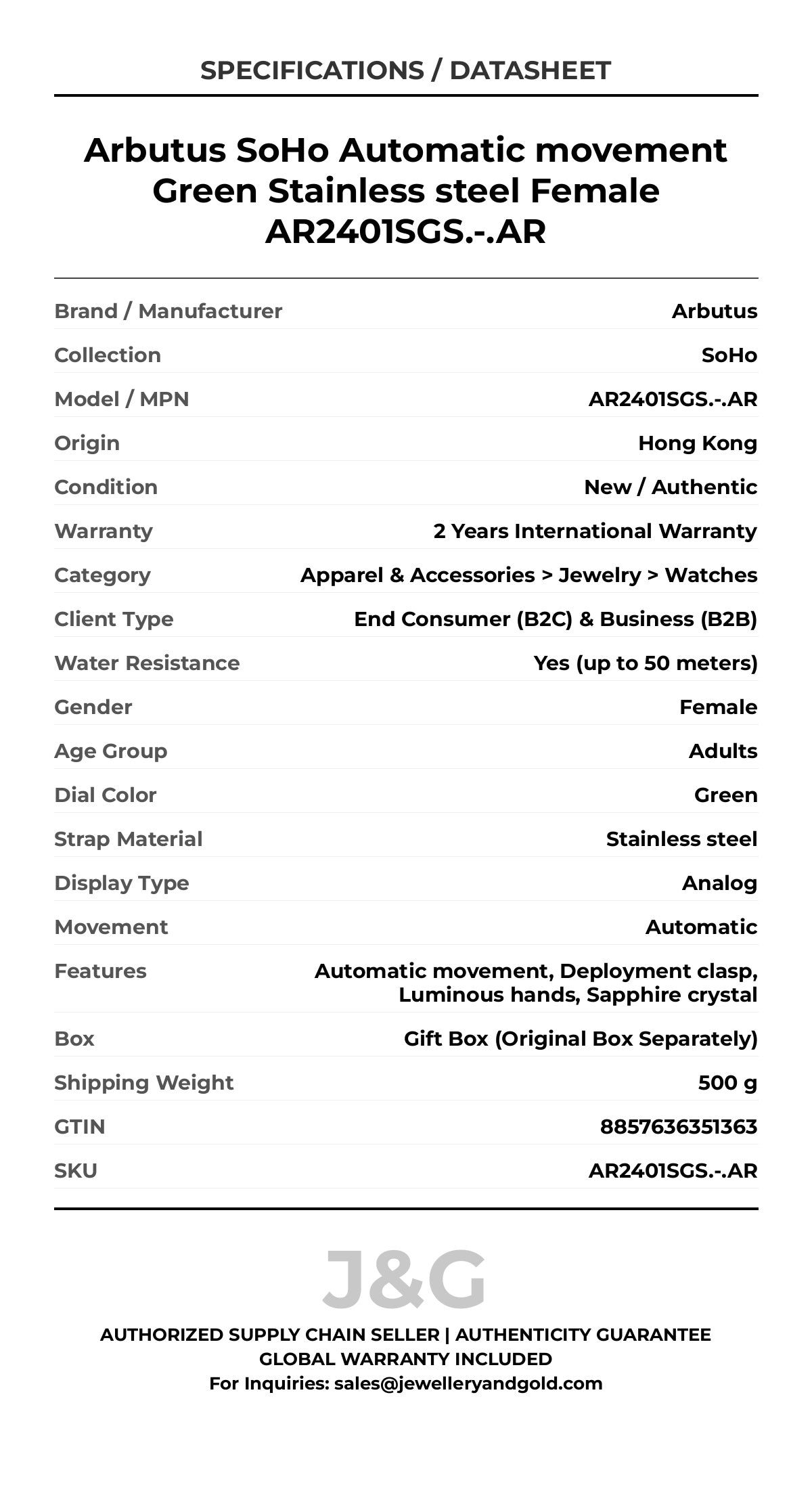 Arbutus SoHo Automatic movement Green Stainless steel Female AR2401SGS.-.AR - Specifications