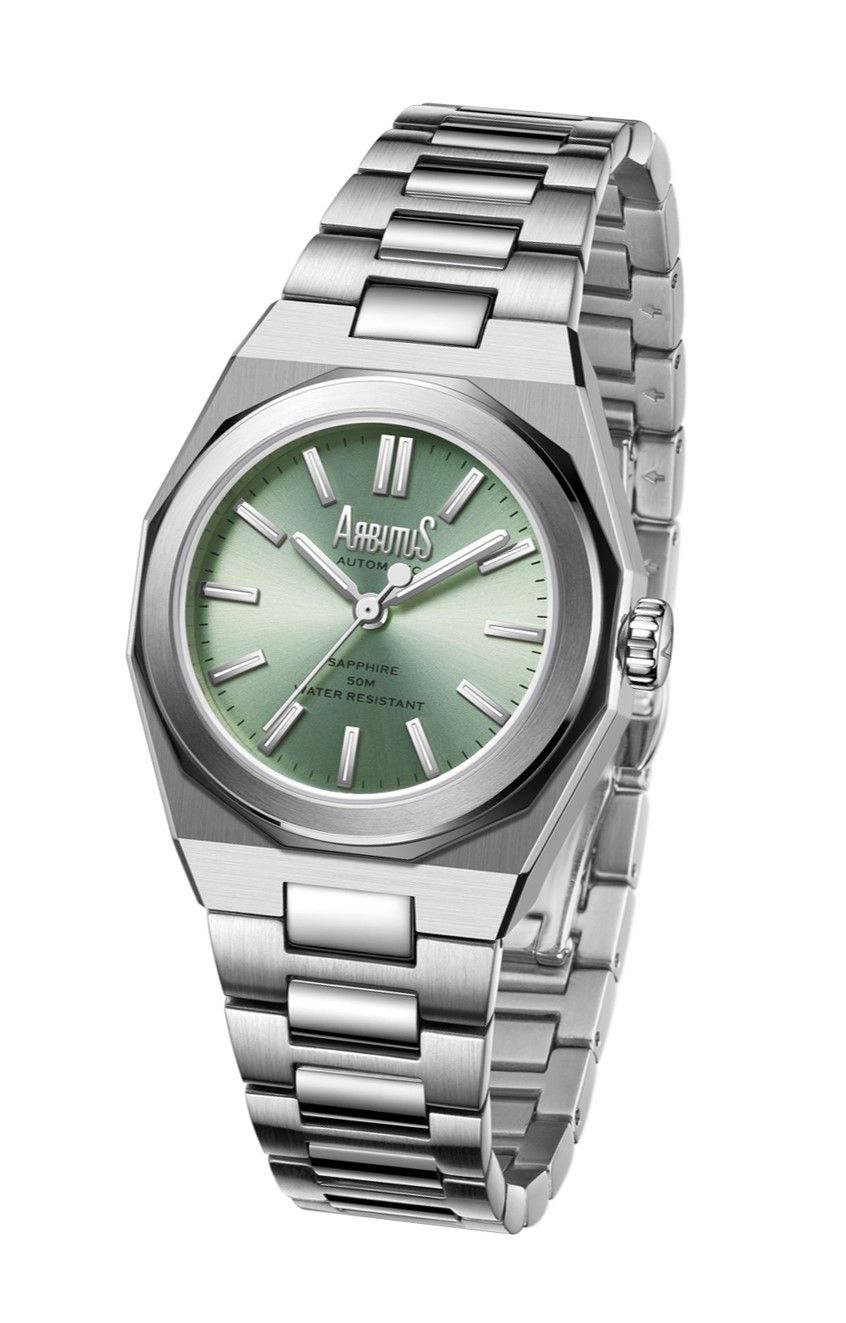 Arbutus SoHo Automatic movement Green Stainless steel Female AR2401SGS.-.AR. A brand-new Arbutus SoHo watch featuring a Green dial and a Stainless steel strap. Angled view.