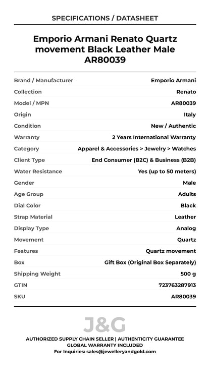 Emporio Armani Renato Quartz movement Black Leather Male AR80039 - Specifications