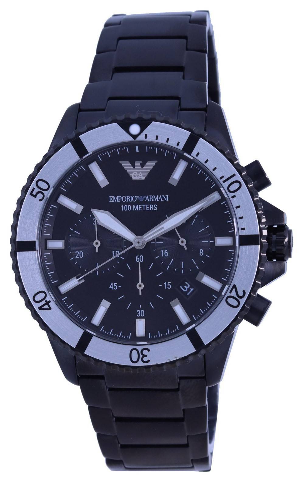 Emporio Armani Date display Black Stainless steel Male AR80050. A brand-new Emporio Armani watch featuring a Black dial and a Stainless steel strap. Angled view.