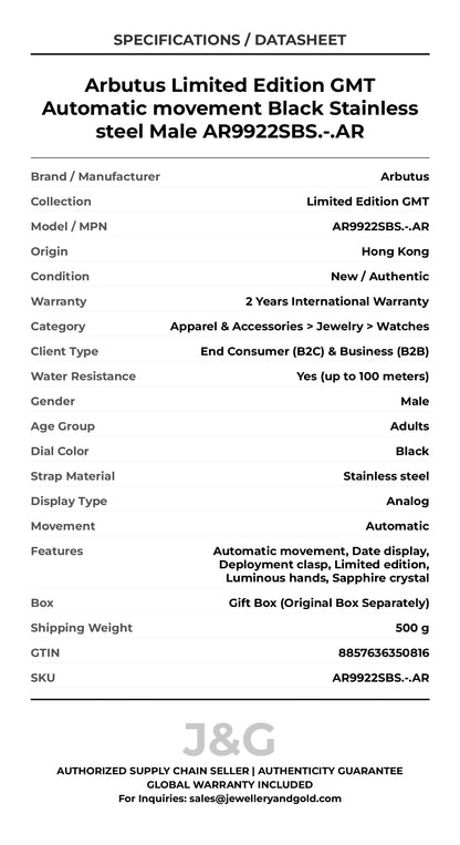 Arbutus Limited Edition GMT Automatic movement Black Stainless steel Male AR9922SBS.-.AR - Specifications