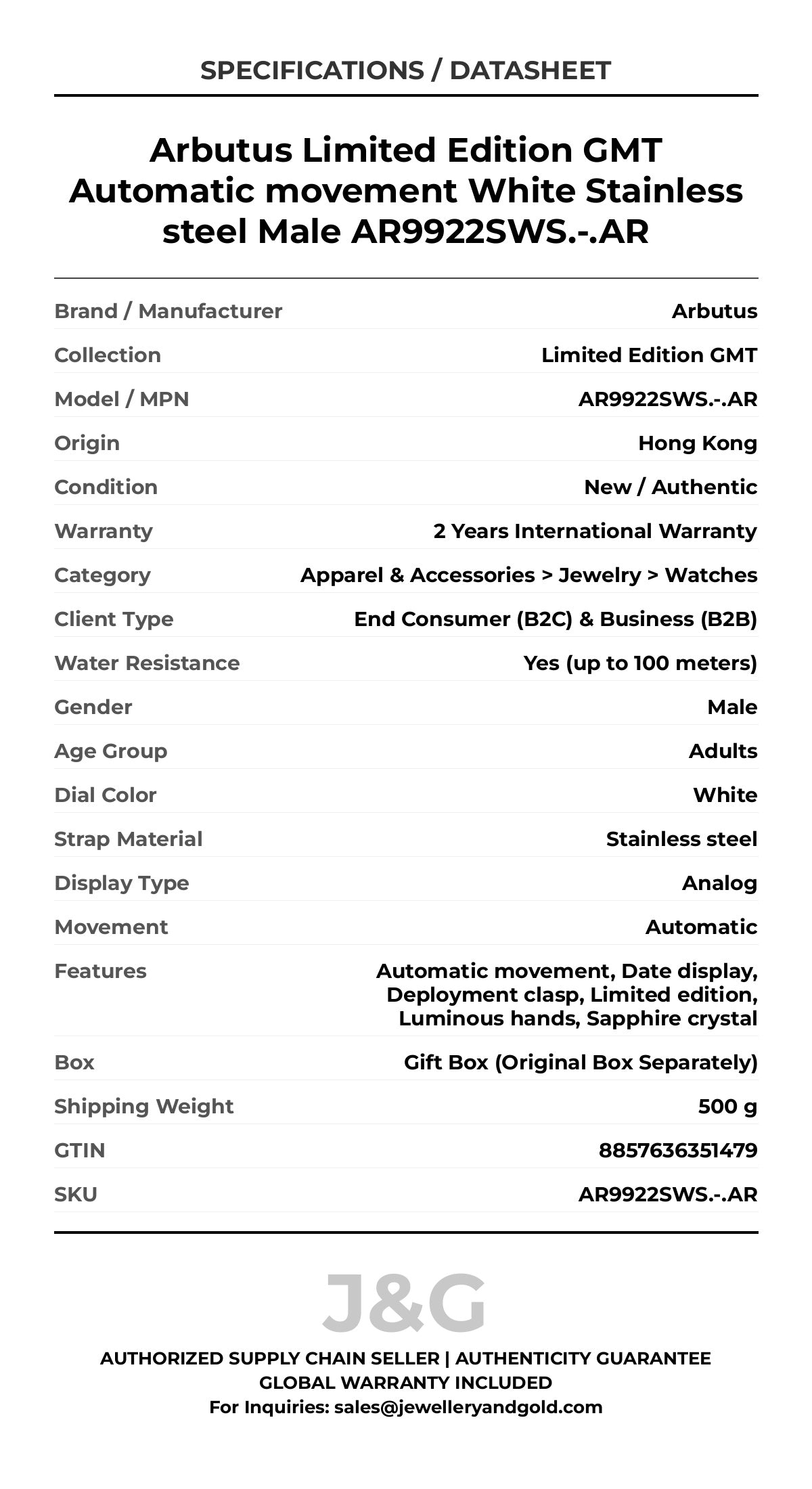 Arbutus Limited Edition GMT Automatic movement White Stainless steel Male AR9922SWS.-.AR - Specifications