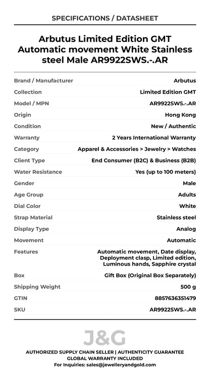 Arbutus Limited Edition GMT Automatic movement White Stainless steel Male AR9922SWS.-.AR - Specifications