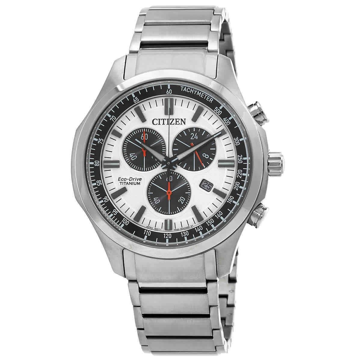 Citizen Eco-Drive Chronograph function White Titanium Male AT2530-85A. A brand-new Citizen Eco-Drive watch featuring a White dial and a Titanium strap. Angled view.