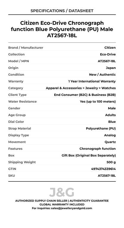 Citizen Eco-Drive Chronograph function Blue Polyurethane (PU) Male AT2567-18L - Specifications