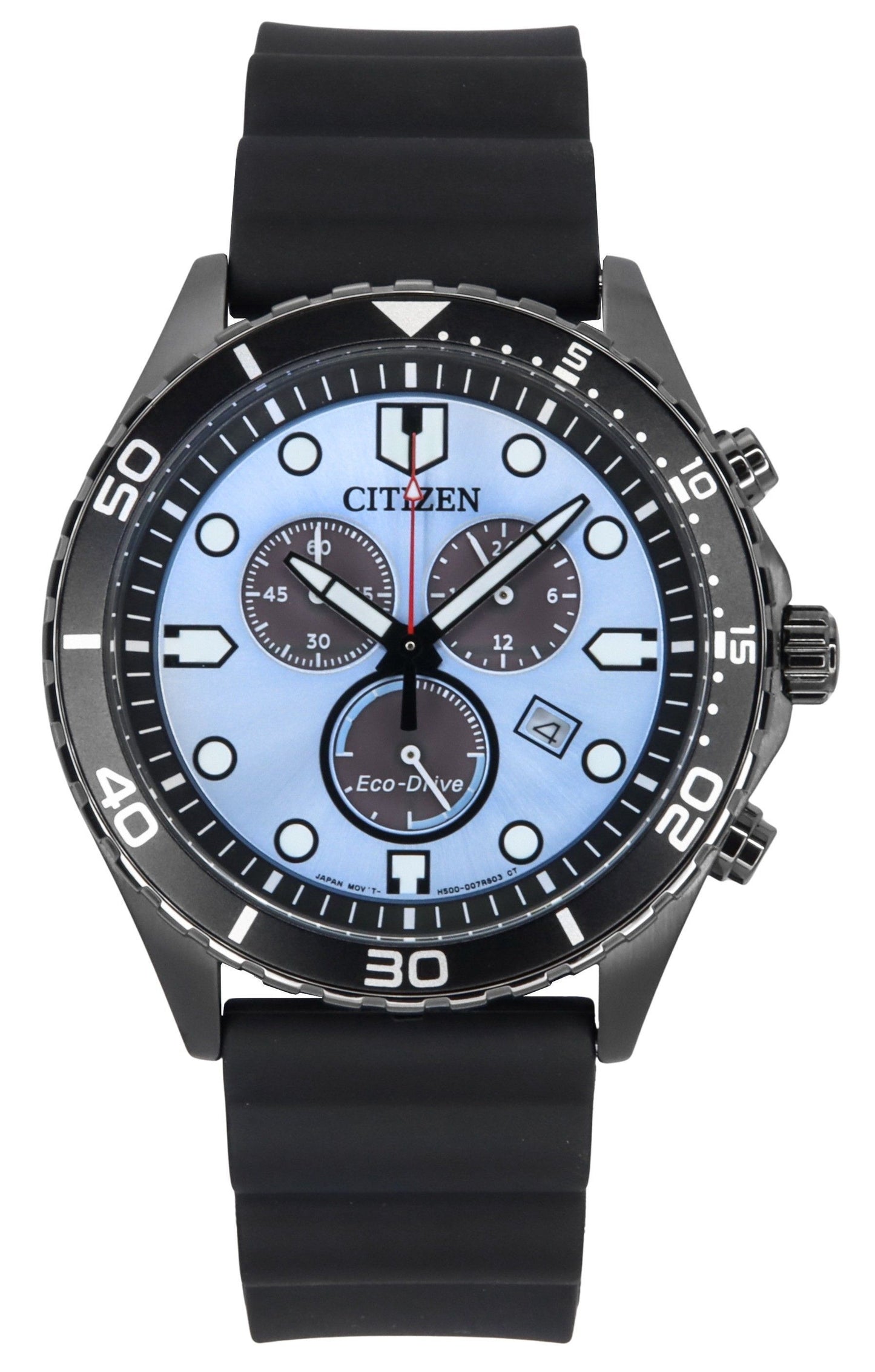 Citizen Eco-Drive Chronograph function Blue Polyurethane (PU) Male AT2567-18L. A brand-new Citizen Eco-Drive watch featuring a Blue dial and a Polyurethane (PU) strap. Front view.