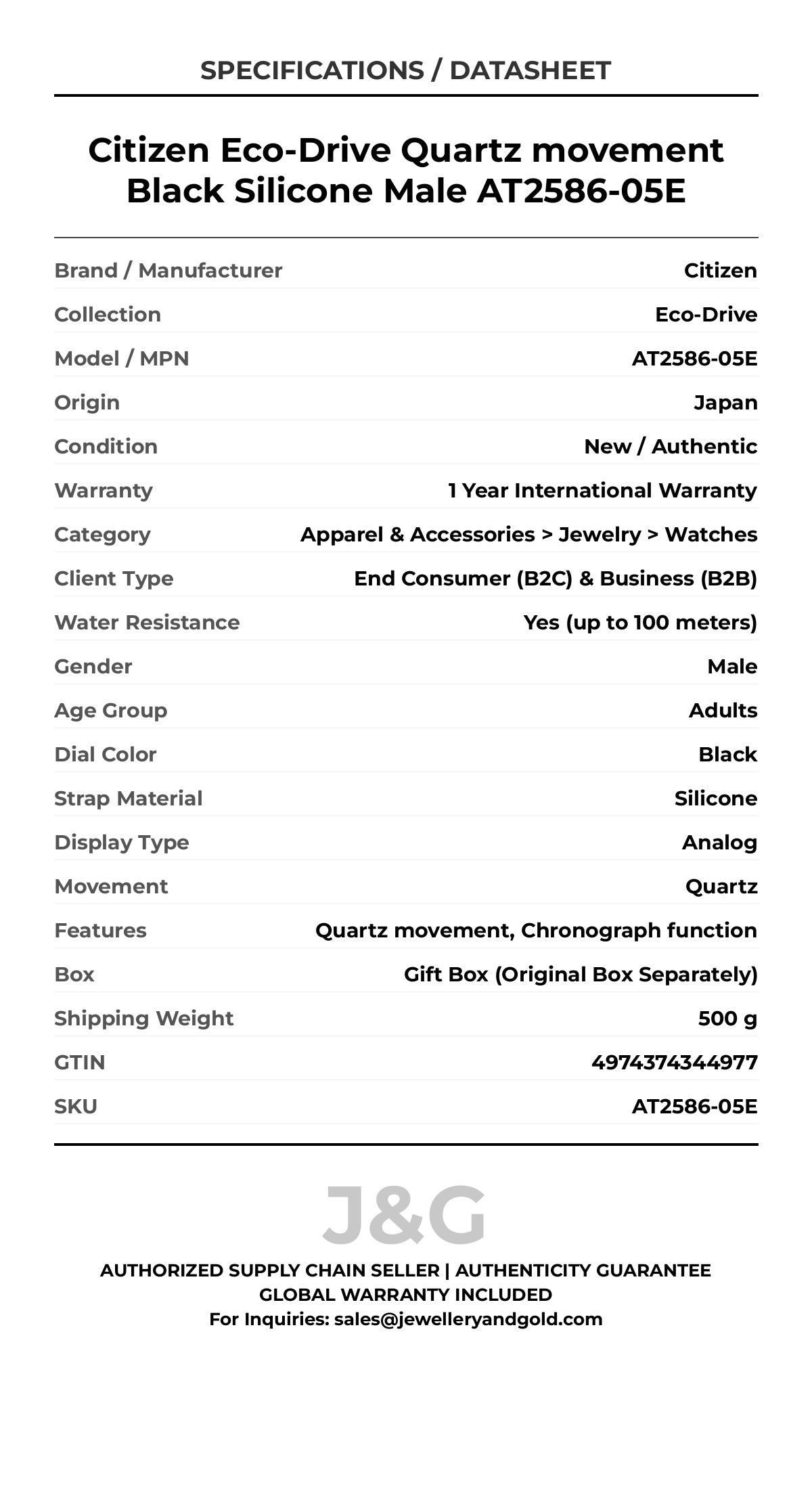 Citizen Eco-Drive Quartz movement Black Silicone Male AT2586-05E - Specifications