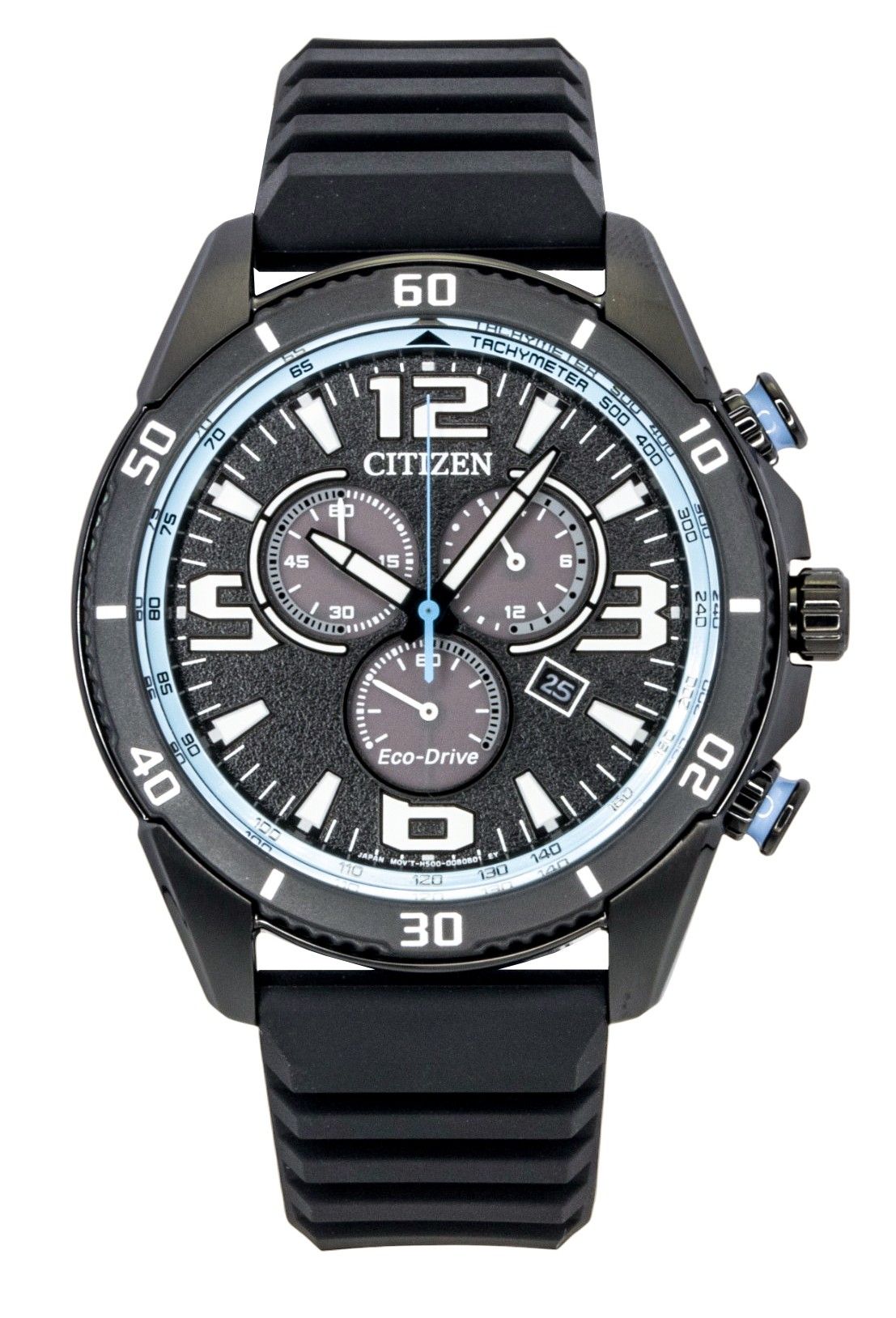 Citizen Eco-Drive Chronograph function Black Silicone Male AT2587-02E. A brand-new Citizen Eco-Drive watch featuring a Black dial and a Silicone strap. Front view.