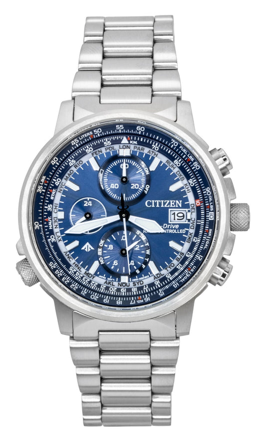 Citizen Promaster Sky Eco-Drive Chronograph Stainless Steel. A brand-new Citizen Promaster watch featuring a Blue dial and a Stainless steel strap. Side view.