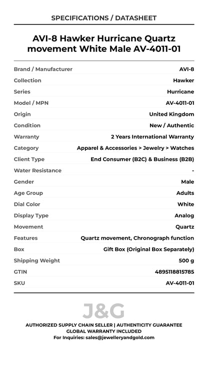 AVI-8 Hawker Hurricane Quartz movement White Male AV-4011-01 - Specifications