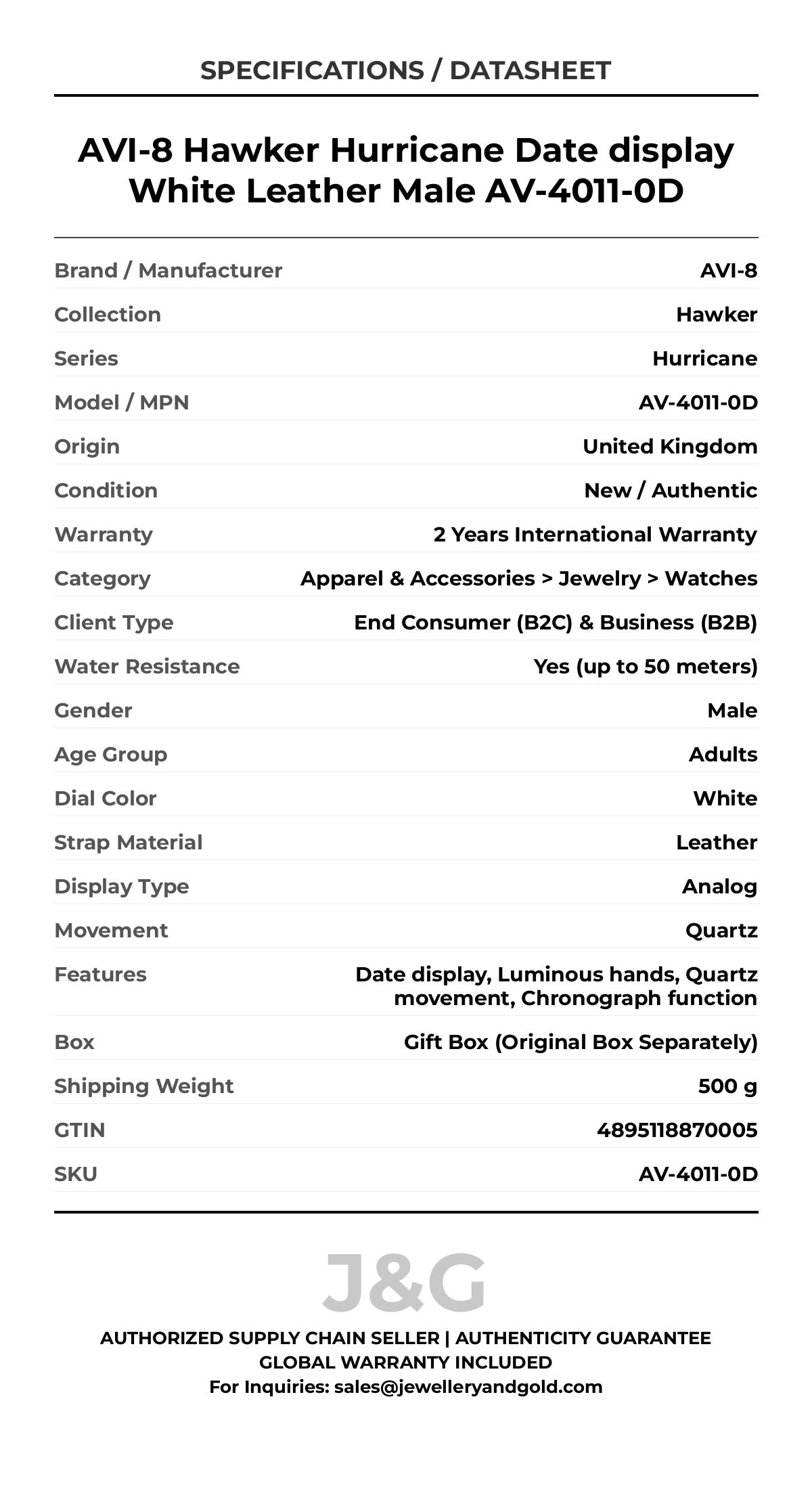 AVI-8 Hawker Hurricane Date display White Leather Male AV-4011-0D - Specifications