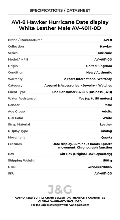 AVI-8 Hawker Hurricane Date display White Leather Male AV-4011-0D - Specifications