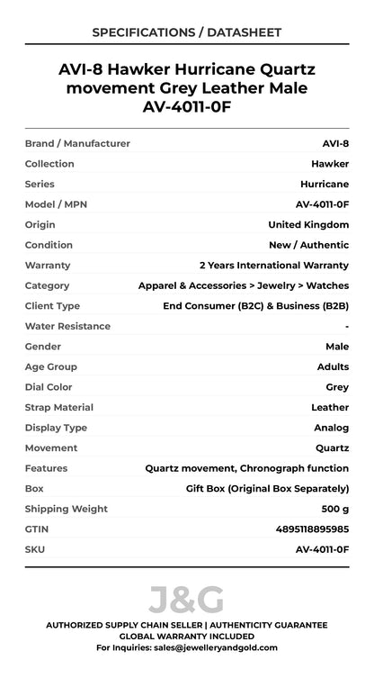 AVI-8 Hawker Hurricane Quartz movement Grey Leather Male AV-4011-0F - Specifications